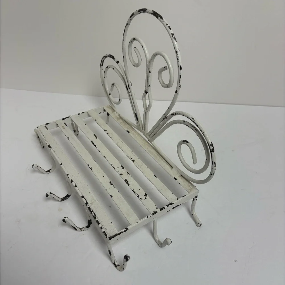 Vintage White Metal Wall Shelf With Cup Hooks